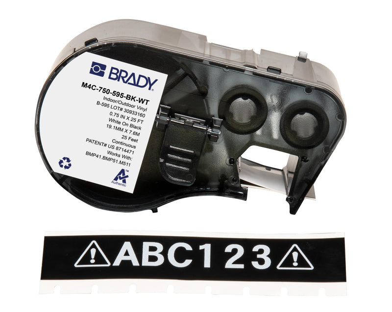 Brady Authentic (M4C-750-595-BK-WT) All-Weather Vinyl Labels 0.75 in W x 25ft White on Black. for use with BMP41, BMP51, M410, M510, and M511 Label Printers.