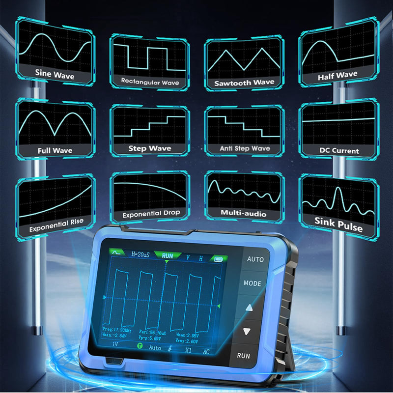 Pocket Oscilloscope 2in1, Upgrade Oscilloscope Signal Generator 10MHz Bandwidth, 48MS/s Sampling Rate, 13 Waveform, Data Transfer & Images Saving, Auto/Nomal/Single Trigger Function blue