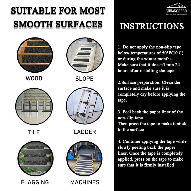 CHUANGSEED 12-Pack Non-Slip Outdoor Stair Treads Grip Tape 4'' x 30'', Heavy Duty Black Grit Anti-Slip,High Traction Adhesive Treads Suitable for Most Slippery Surfaces 4''x30''