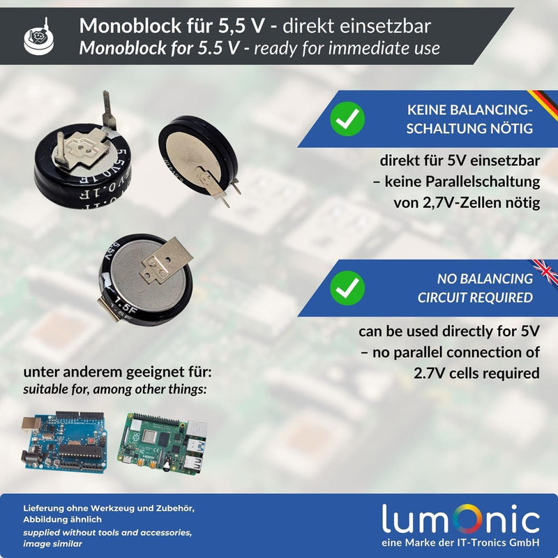 Lumonic 5 x Supercap 0.1F 5.5V C-Type | Direct-to-Use EDLC, High Capacity | 5.5V Monoblock - No Balancing Required | Flicker Protection, Backup, PLC Heating C-type (5x) 0,1F