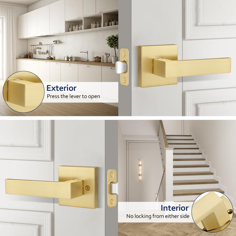 1 Pack Brushed Gold Door Handles, Passage Door Knob Without Lock, Interior Hallway/Closet Door Handle, Keyless Square Door Lever, Left/Right Reversible Satin Brass Passage Door Lever 1