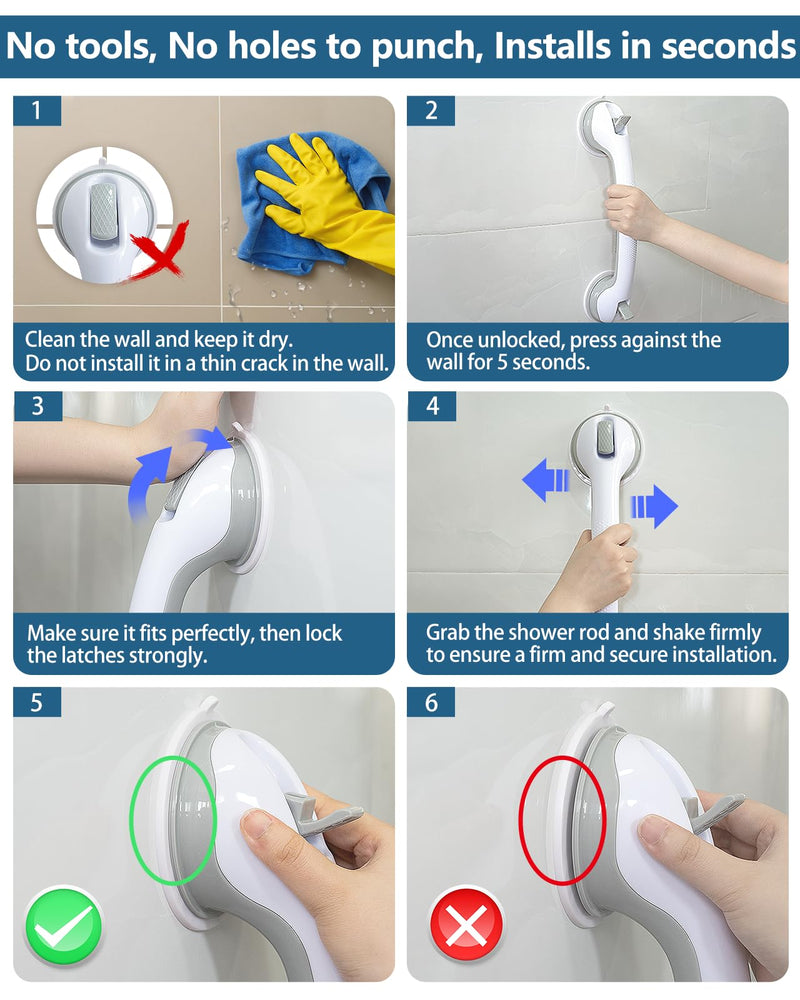 Shower Grab Bars, 2 Pack 16.2 inch Suction Cup Grab Bar for Bathtubs Showers for Wall, Shower Handrails for Seniors, Heavy Suction Cup Grabs Bar,Duty Showers Handle Removable, Bathroom Safety Grip 2 Pack 16.2"