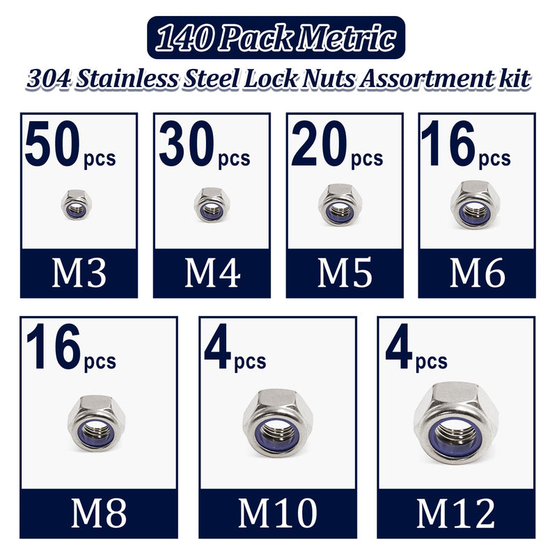 [Australia - AusPower] - 140 Pack Locknuts Assortment Kit,M3 M4 M5 M6 M8 M10 M12 Metric Nylon Insert Lock Nuts Sets,304 Stainless Steel Standard Threaded Nylock Nuts for Bolt 140 Pack;Metric Locknuts 1 
