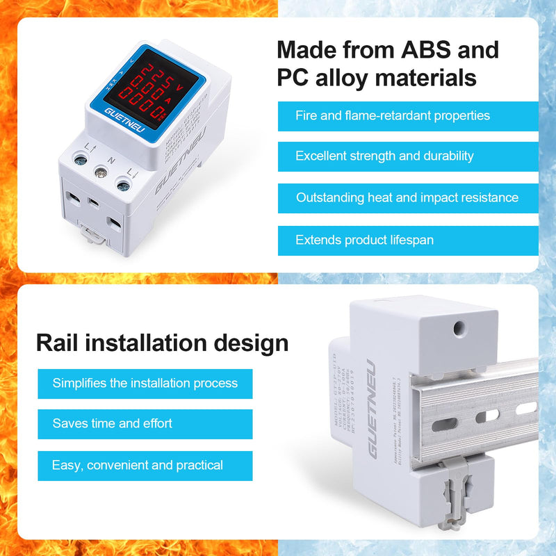 [Australia - AusPower] - Digital Display Energy Meter Energy Tester Electricity Usage Monitor AC Rail-Mounted Meter GT2P-UID, AC 80~270V, 0~100A, 50/60Hz. Used to Measure AC Voltage, Current and Energy Consumption 3 Functions Digital Display 
