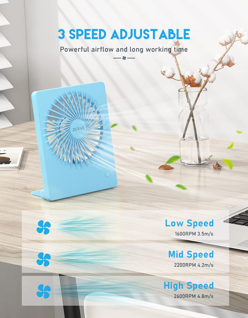 [Australia - AusPower] - Zuvas Desk Fan Battery Operated Fan Rechargeable 180°Tilt Folding Personal Fan Ultra Quiet Small Portable Fan 3 Speed Adjustable Strong Wind USB Fan For Office Bedroom Home Desktop Camping (Blue) Blue 