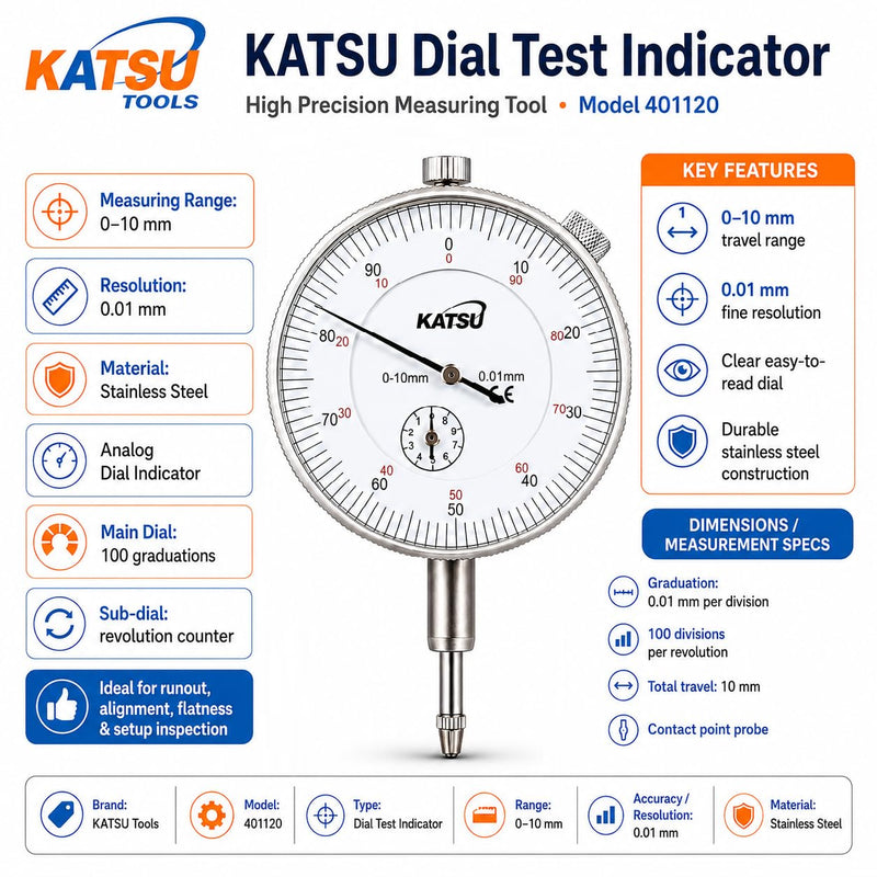 Katsu Dial Gauge Gauge 0-10mm 0.01mm Accuracy Metric Gauge Gauge High Precision Instrument Tool 401120