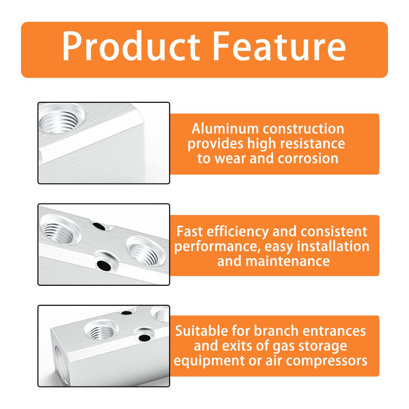 [Australia - AusPower] - GASHER 2PCS Aluminum 4 Way 6 Port Pneumatic Manifold Air Distribution Block Splitter 1/4" Output Port 1/2" Supply Port 4 Way-6 Port 2 
