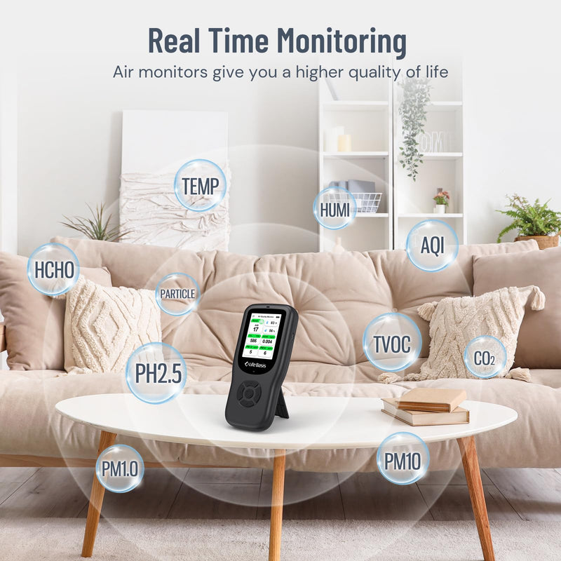 [Australia - AusPower] - LifeBasis Air Quality Monitor Indoor, 11-in-1 Air Quality Detector with Stand, Real-Time Air Meter Test AQI, PM1.0, PM2.5, PM10, CO2, TVOC, HCHO, Particles, Temperature and Humidity, Dual Alert -Black 