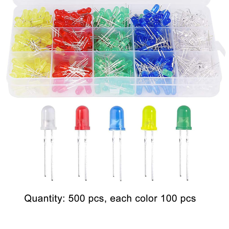 Pack of 500 5 mm LED Light Emitting Diodes, LED Diodes 3 V Light Diode Assortment Kit Round Head 2 Pin Extra Bright LED Light, Diffuse Diodes Set, 5 Colors Red Blue Yellow Green White