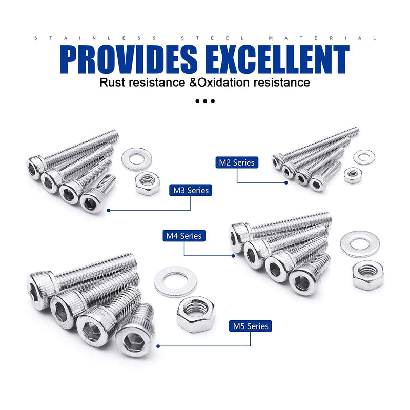 [Australia - AusPower] - NINDEJIN 304 Stainless Steel 880pcs M2 M3 M4 M5 Hex Socket Cap Machine Screws Bolts, Nuts Set and Washers Assortment Kit +Wrench (Button Head Screws Set and Flat Head Screws Set Limited-Time Combo Set 