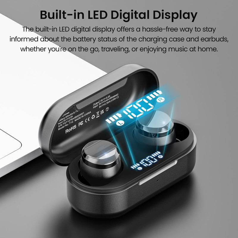 [Australia - AusPower] - TOZO T12 Wireless Earbuds Bluetooth 5.3 Headphones Built-in ENC Noise Cancelling Mic, 55 Hrs Playtime App Customize EQ IPX8 Waterproof LED Digital Display Premium Sound Headset Black Compact Ergonomic Edition 