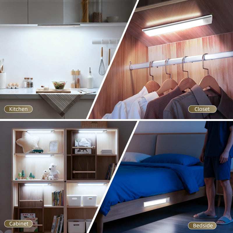 10inch Under Cabinet Lighting, 4 Pack Rechargeable Motion Sensor Light Indoor, Wireless Dimmable Magnetic Closet Lights, 40 LED Under Counter Lights for Kitchen, Wardrobe, Stairs, White Light 10inch