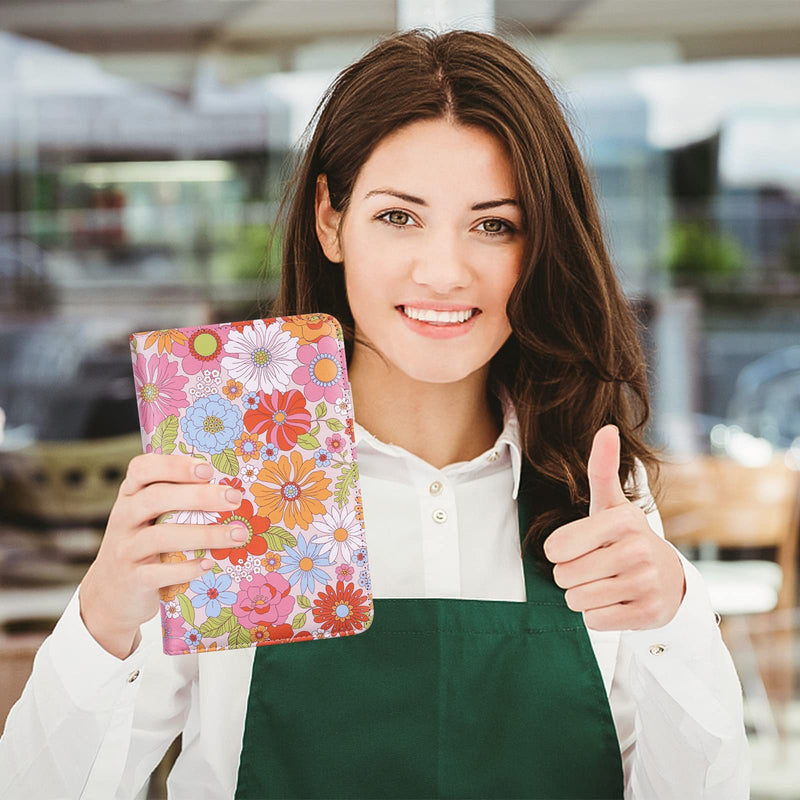 Server Book, Waitress Book,Cute Server Books for Waitress/waiter with Zipper Pocket Cute Waitress Book Organizer Checkbook Floral Cover 8x5 Inch Pink Daisy