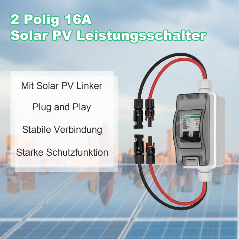 [Australia - AusPower] - TEOV DC Isolator Switch Solar PV, 2P 16A 1000V Solar Circuit Breaker with Cable IP65 Waterproof Isolator Switch for Solar PV System 16 A, with cable 