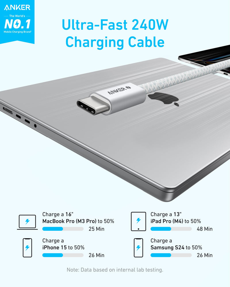 Anker Zolo USB C to USB C Cable, Braided and Dirt-Free Type-C Fast Charging Cable, Slim Connector, for iPhone 17 Series, MacBook (240W) (White, 6FT) (Pack of 2) 6ft (Pack of 2) White