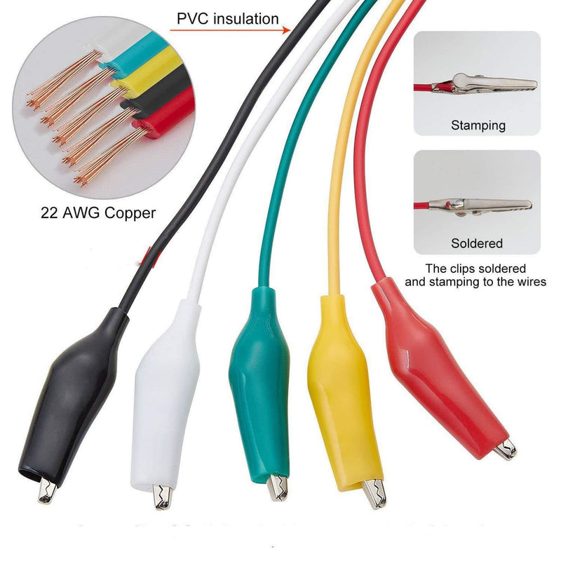 [Australia - AusPower] - Pack of 10 Alligator Clips with Cable, Test Leads with Alligator Clips, Double Ended Test Leads (50 cm) Green, white, black, yellow, red 