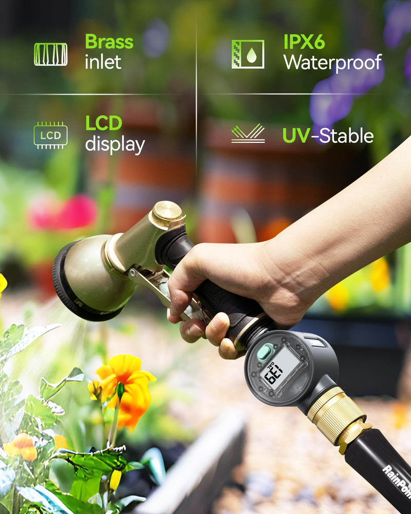 [Australia - AusPower] - RAINPOINT Water Flow Meter with Brass Inlet, Water Meter for RV Tank Filling, Garden Hose Watering, Lawn Sprinkler & Nozzle Sprayer, ±5% Accuracy, Max Measured Consumption of 9999.9 Gallon/Liter 