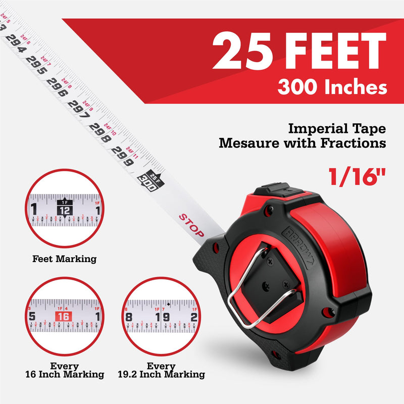 Arrow 25FT Auto-Lock Tape Measure, 2PCS Easy Read Measuring Tape with Fractions 1/8″, Double Sided Measurement Tape with 1″ Blade, Belt Clip, Dual-End Metal Hook, and Rubber Protective Casing 2