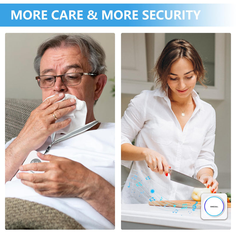 SINGCALL Wireless Portable Caregiver Pager Panic Alarm System Personal Alarm for Elderly/Kids/Pregnant/Patients 32 Chimes & 0-100dB Volume 1 Rechargeable Portable Receiver+ 2 Emergency Call Buttons 1 receiver and 2 call buttons