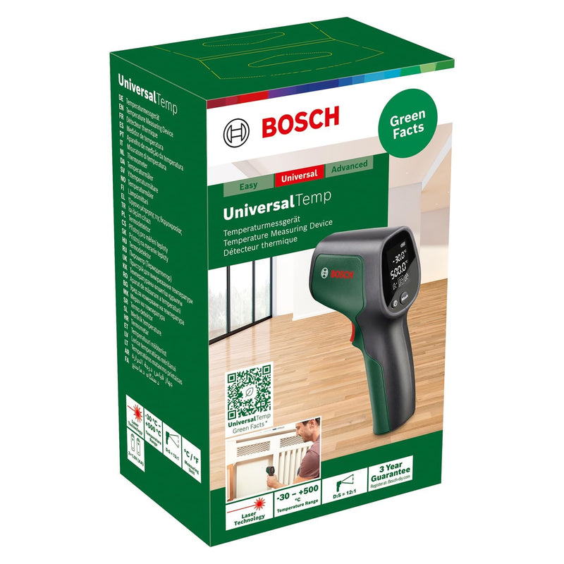 Bosch Infrarotthermometer UniversalTemp (-30°C…+500°C, einfach und präzise messen, 3 vordefinierte Materialgruppen, im Karton) | -30 °C to +500 °C, easy and precise measurement, 3 pre-defined material groups, in a box