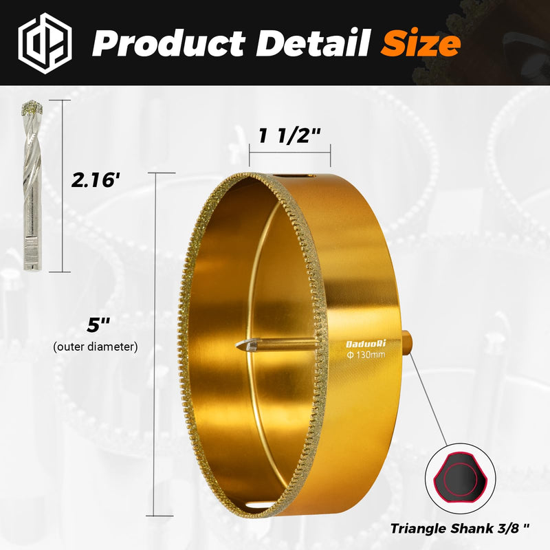 5" Serrated Diamond Hole Saw with 2Pcs Removable Pilot Bits, Easy-Align for Precise Drilling in Porcelain, Ceramic, Granite, and Marble (5" Diamond Bit for Tile) 130mm | 5"