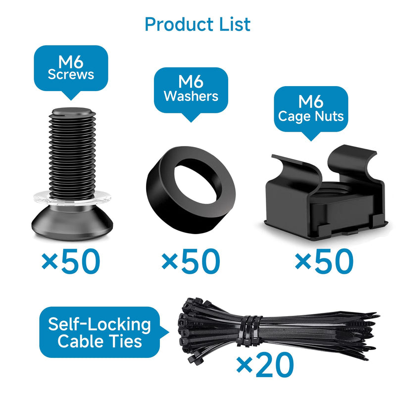 [Australia - AusPower] - Set of 50 M6x16mm Rack Mount Cage Nuts, Screws and Washers for Rack Mount Server 19x10 Cabinet,Patch Panel, Rack Mount Server Shelves, Routers, Rack Mount Screws and Square Insert Nuts 