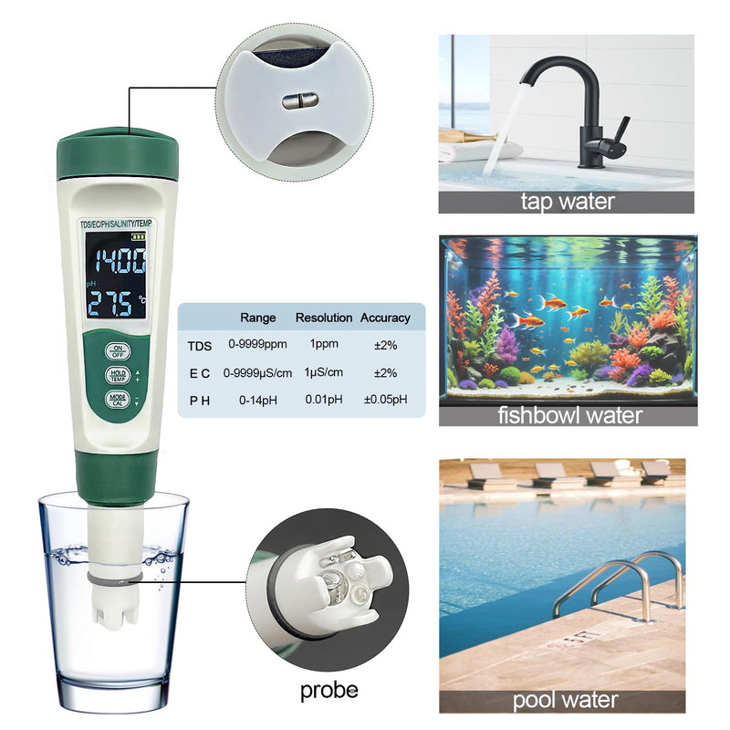 [Australia - AusPower] - Aquarium Salt Tester - Pool Test Strips, Digital PH Meter for Water, Aquarium Monitoring Tool, Pond Checker, Fish Tank Water Analyzer, 5-in-1 Salinity, PH, TDS, EC, and Temperature Meter 