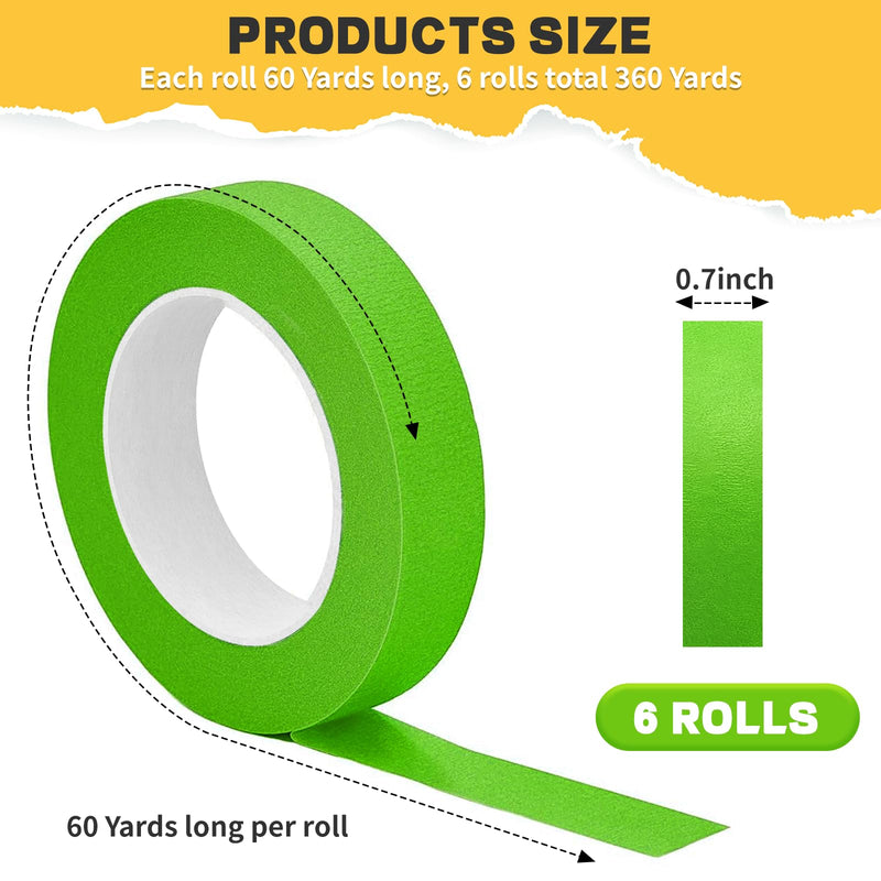 Hsxfl Painters Tape for Car, Green Masking Tape No Residue Heat Resistant Multi Surface for Walls Painting Automotive Paint Booth DIY Labeling Art General Purpose, 0.7 Inch x 60 Yards, 6 Rolls 0.7in-6rolls