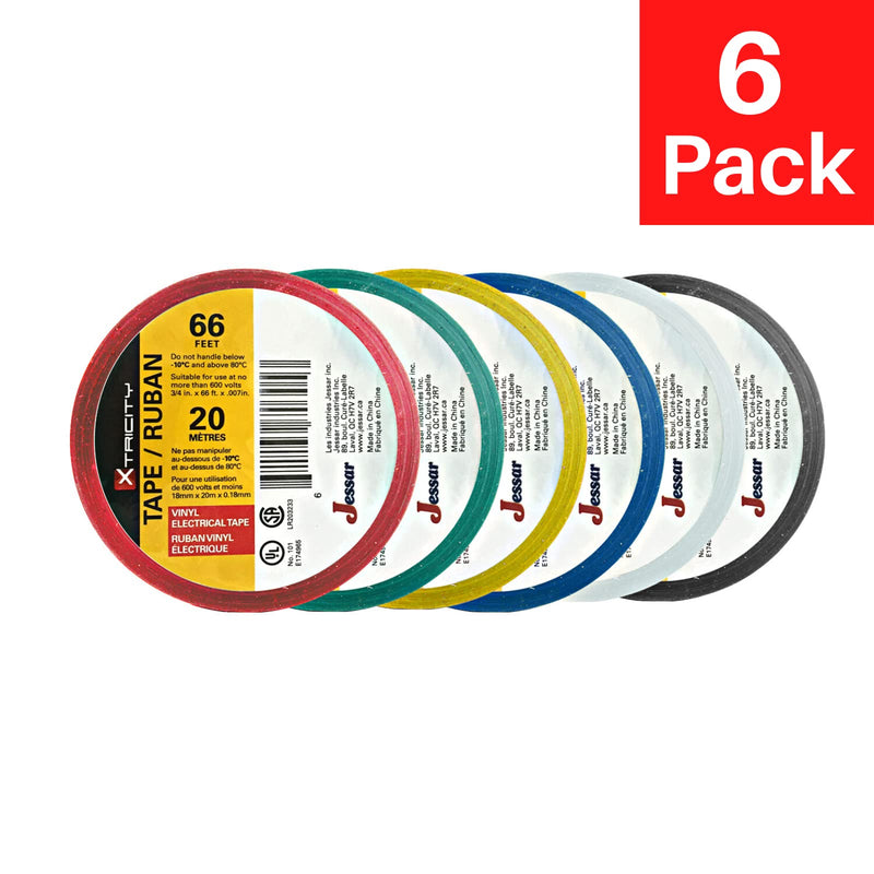 Xtricity Vinyl Multicolor Electrical Tape 3/4 inch x 66 Ft for Electrical Insulation, Wire Bundling and DIY Repairs – Durable, Stretchy, General Purpose – Up to 600V (6 Pack) 6 Pack