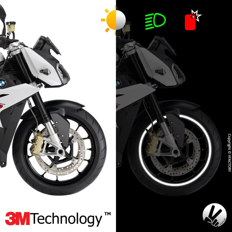 VFLUO - Motorcycle Reflective Wheel Stripes kit, 1 Wheel Rim Stickers Pack, 3M Technology™ - High lateral Visibility, Discreet and Design, Easy Installation