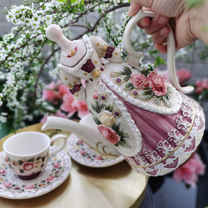 Large Ceramic Teapot and Coffee Pot with Lid, 3D Embossed Victoria Pink Rose Flowers Decorative Teapot(Red） Red