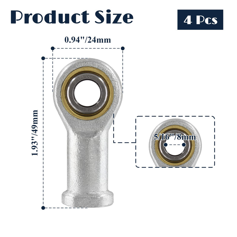 [Australia - AusPower] - 8mm Inside Dia Rod End Bearing Self Lubricating, M8 x 1.25 Female Thread Connector Joint, SI8T/K Rod End Ball Bearing, 4 PCS 
