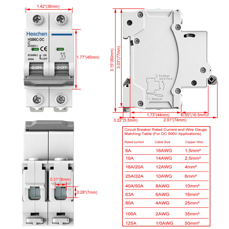 Heschen HSB6C-DC 2 Pin DC 500V C 16A Non-Polarized DIN Rail Mounted Photovoltaic Circuit Breaker for Solar Systems Standard design