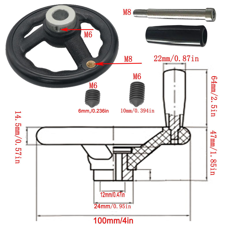 [Australia - AusPower] - 0.47x4inch Diameter Round Hand Wheel with Revolving Handle for Mill Drillpress Crank Lathe 