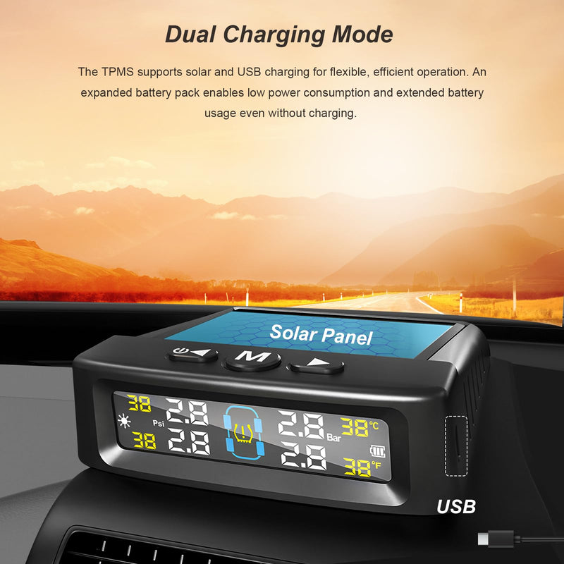 Tire Pressure Monitoring System, Wireless Tire Pressure Monitor with Solar/USB Charger & 4 External Sensors, 6 Alarm Modes Real-time LCD Display TPMS for Car Trailer Truck