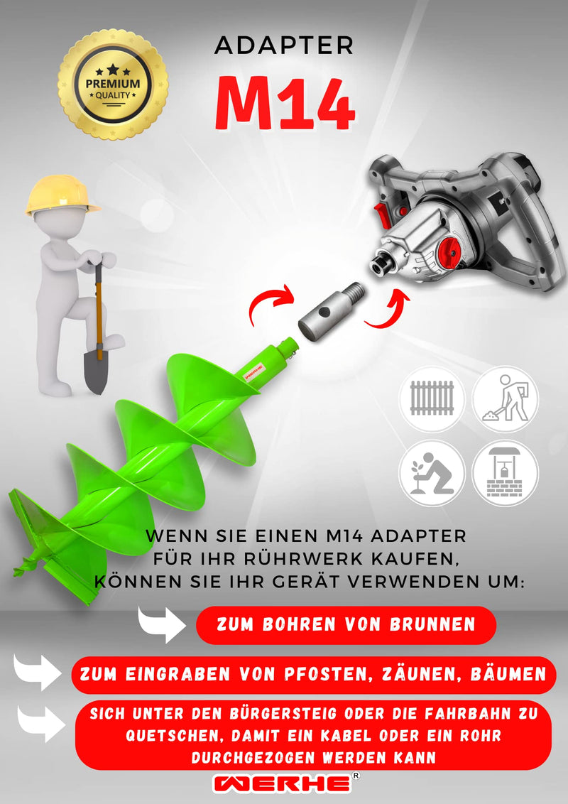 WERHE Adapter M14 for Earth Auger, Hardened Steel, with Quick Release Bolts | Compatible with agitator and concrete stirrer, ideal for fence posts and tree planting, cable and pipe laying, length 6 cm