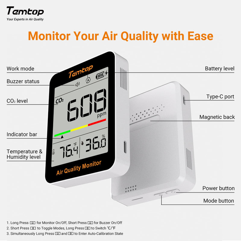[Australia - AusPower] - Temtop CO2 Monitor Indoor air Quality Monitor Portable CO2 Meter, CO2, Temperature, Humidity Home, Office or School Standard version 1 