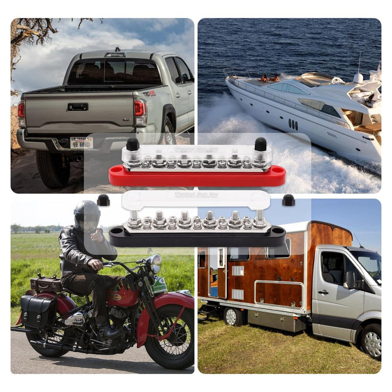 [Australia - AusPower] - 12V Bus Bar 250A Power Distribution Block Busbar 6 x 1/4" Studs 10 x #8 Screw Terminals for Marine, Automotive, and Solar Wiring (Pair, Red & Black) 