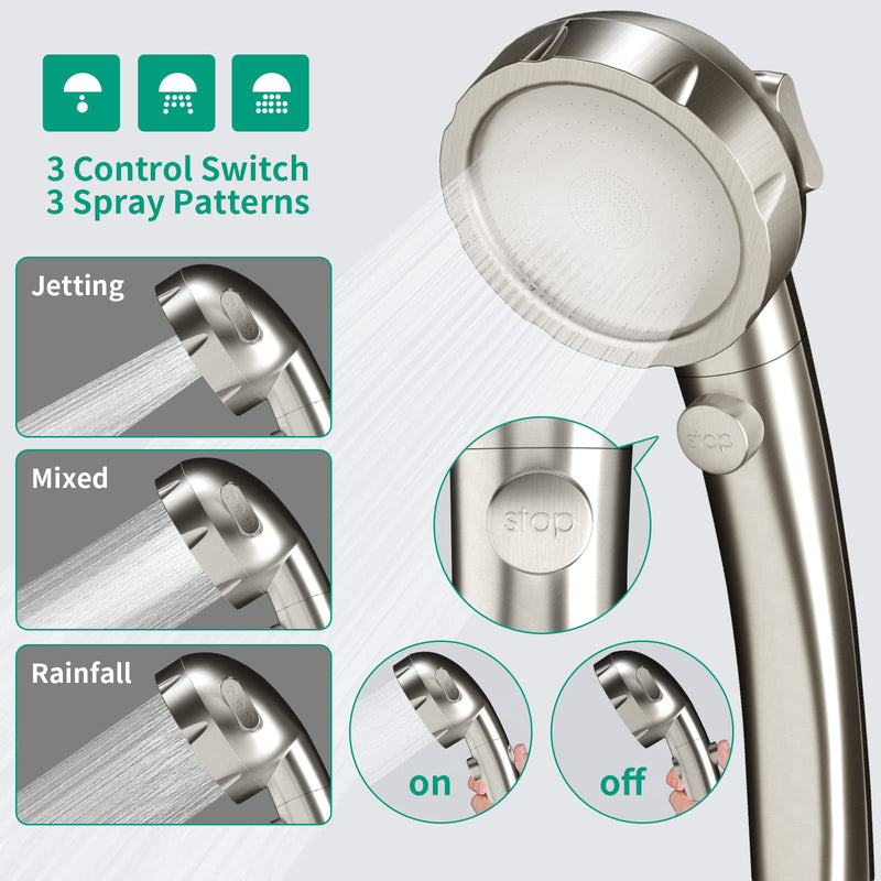 High Pressure Shower Head with Handheld, On Off Shower for RV, Water Saving Shower Head with Stop Button and 3 Modes, Detachable RV Shower Head with Hose and Bracket (Brushed Nickel) Brushed Nickel