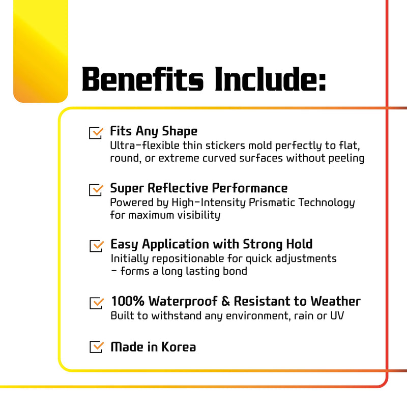 Reflomax Reflective Tape Stickers 24 Pack Flexible & Won't Peel on Curves | High Intensity Prismatic Grade | Night Safety for Strollers, Canes, Helmets, Backpacks & Bikes | Waterproof | Yellow