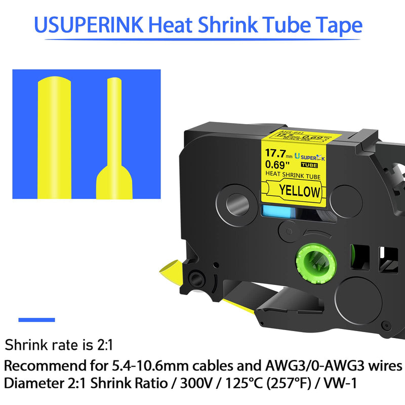 USUPERINK 3 Pack Compatible for Brother Ptouch HSe-641 HSe641 HS-641 HS641 17.7mm Black on Yellow Heat Shrink Tube Tape use in PT-D400 PT-D600 PT-E300 PT-E500 P710BT Label Maker (0.69''x 4.92ft)