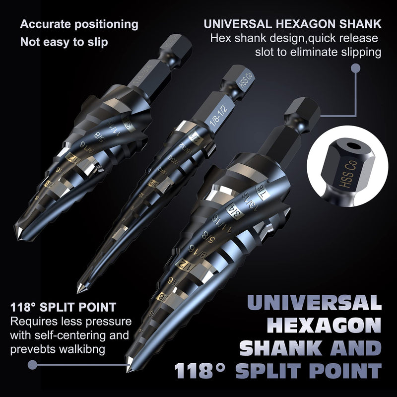 M35 Cobalt HSS Step Drill Bits, Four Spiral Flute Cobalt Step Drill Bit,1/8"-7/8"(3PCS) Hex Shank Unibit for Aluminum, Stainless Steel, Metal, Wood, Plastic. 1/8"-7/8"(3PCS)