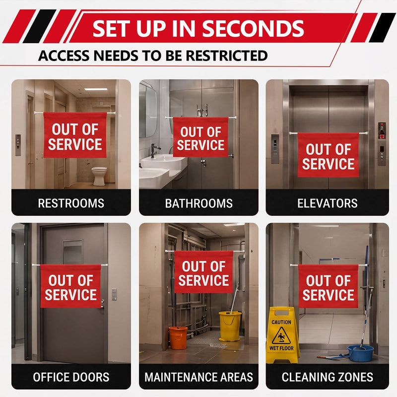 Leinuosen Out of Service Sign with 27-51 Inch Adjustable Tension Pole, Hanging Caution Door Barricade Sign for Bathroom Cleaning, Closed Restroom, Maintenance Area, Commercial Facilities, Elevator