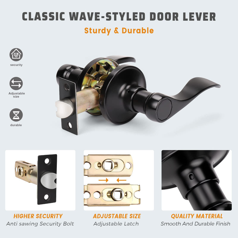 KNOBWELL 1 Pack Matte Black Finish Keyless Interior Door Handle, Classic Passage Door Lever for Hallway Closet, Non-Locking Wave Style Doorknobs with Universal Handle