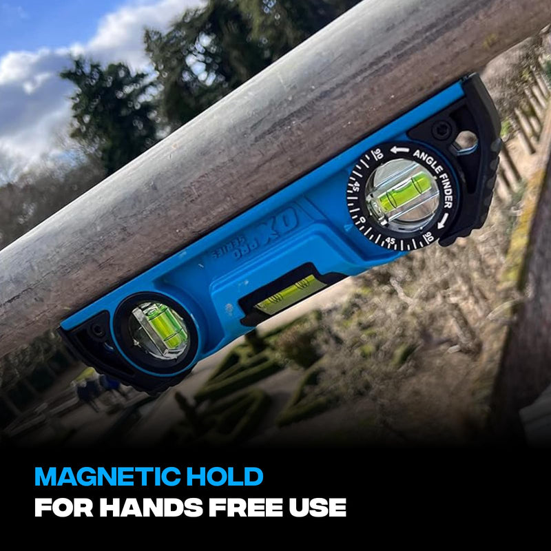 [Australia - AusPower] - OX Tools Pro 10 inch Magnetic Torpedo Level - Adjustable 3-Vial Aluminum Level with V-Groove Base - PVC Shock Absorbing End Caps with Angle Finder Vial - OX-P027210 