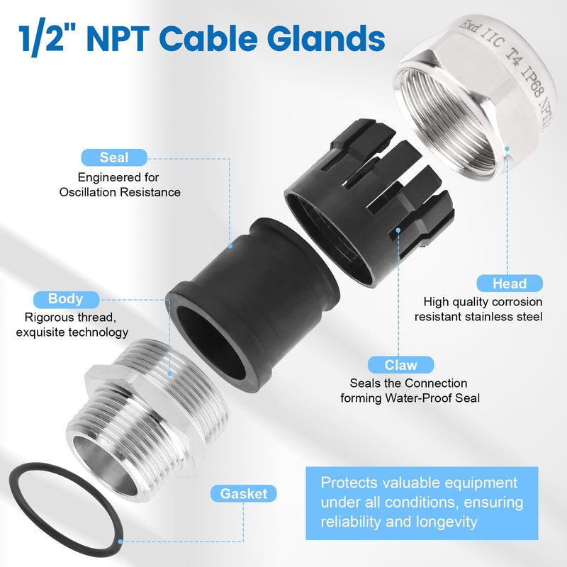 [Australia - AusPower] - 2 Pcs 1/2" NPT Stainless Steel Waterproof Cable Gland, IP68 Waterproof Adjustable Cable Glands, Strain Relief Cord Grip Connectors with Gaskets and Locknut for 6-12mm Cable Diameter 