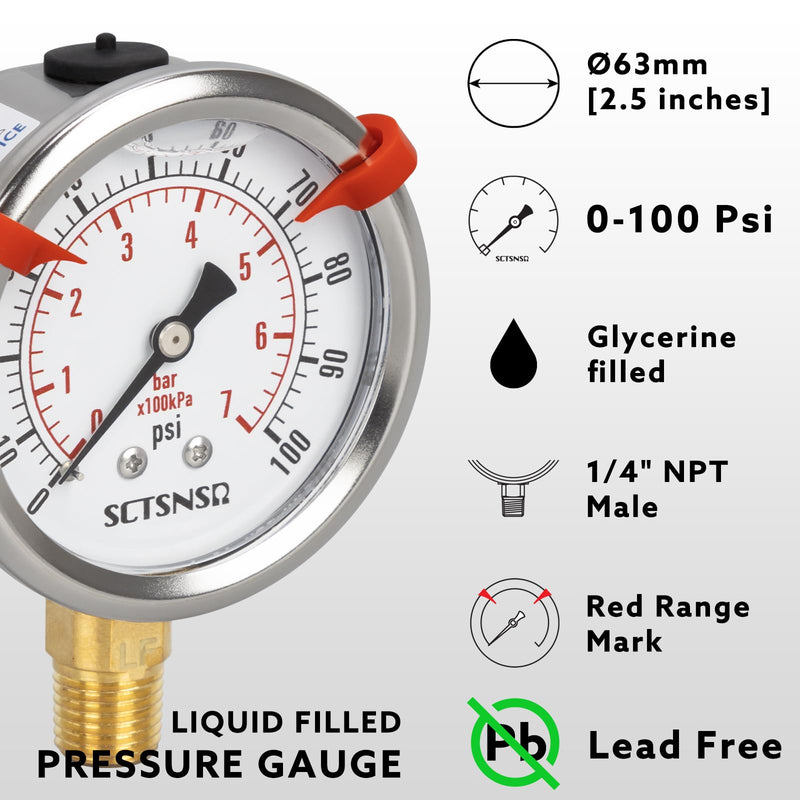[Australia - AusPower] - 0 to 100 Psi Lead-Free Pressure Gauge, Glycerin Liquid Filled, 2.5 inch Dial, 1/4" NPT Lower Mount, Stainless Steel Case, for Water Pump, Pneumatic Air, Well Tank, RV Hose, Gas, Pressure Test 0-100 Psi Lower Mount Lead-Free 