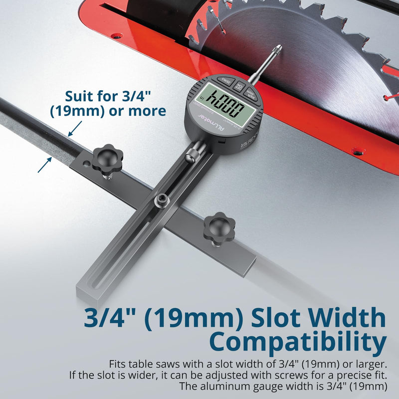 Digital Table Saw Gauge | Straight-Through Chute Design | 0.01mm Precision Dial Indicator | 3/4"(19mm) Aluminum Bar | for Blade/Fence/Arbor Alignment | Fits Saws with ≥3/4" Miter Slots Black 0~1 inch straight through
