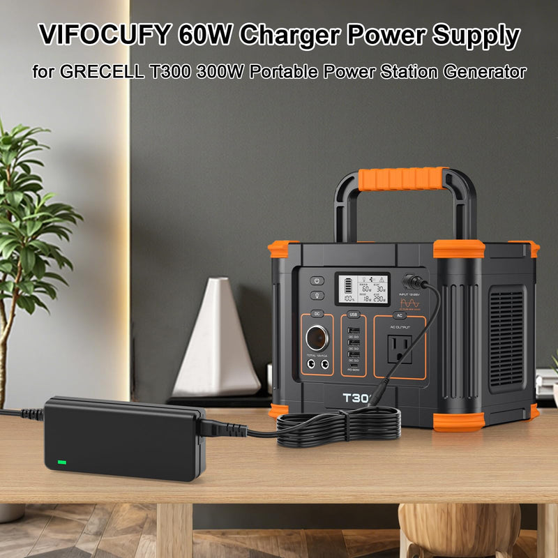 15V AC/DC Adapter Charger for GRECELL T300 300W (Peak 600W) Portable Power Station Generator Replacement 288Wh 78000mAh Li-ion Battery FJ-SW20171504000D 15V 4A 60W Power Supply Cable Charger