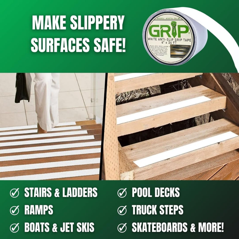 GRIP Anti Slip Tape - 80 Grit High Traction Non-Slip Tape for Stairs, Ramps, Floors, Indoor/Outdoor Use, Easy Cut & Apply, Durable for Heavy Traffic Areas (4" x 34') 4" x 34' White 1